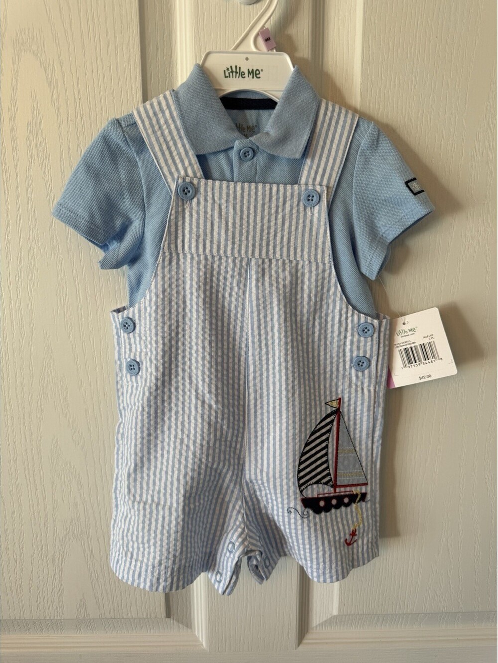 Little Me Baby Boy Size 9M 2 PC Blue/White Striped Sailboat Seersucker/Overalls